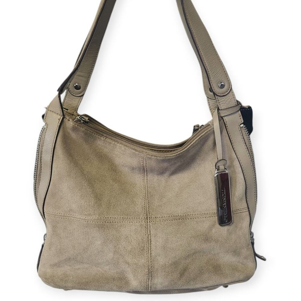 Tignanello Gray Suede Multi Compartment Expandable Double Handle Shoulder Purse